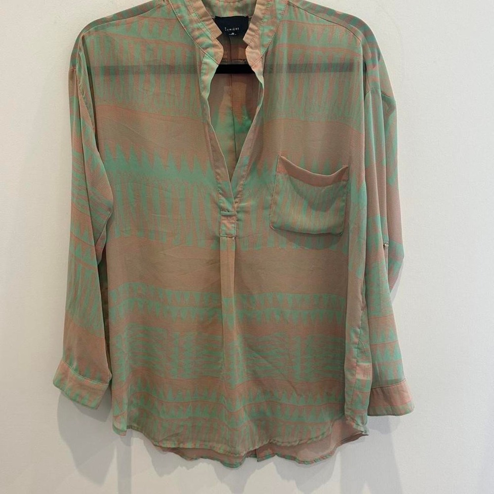 Lumiere Womens Green & Brown Long Sleeve Blouse Size Medium